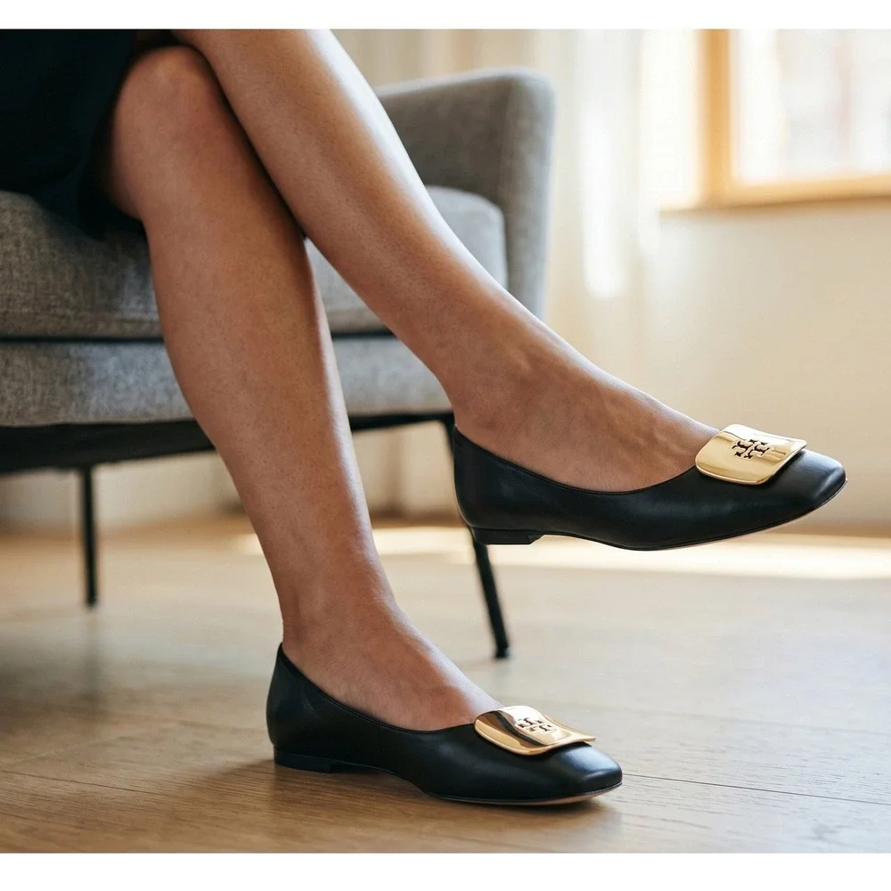 Tory Burch Georgia Ballet Flats Black Leather Gold Logo Square Toe 6.5M